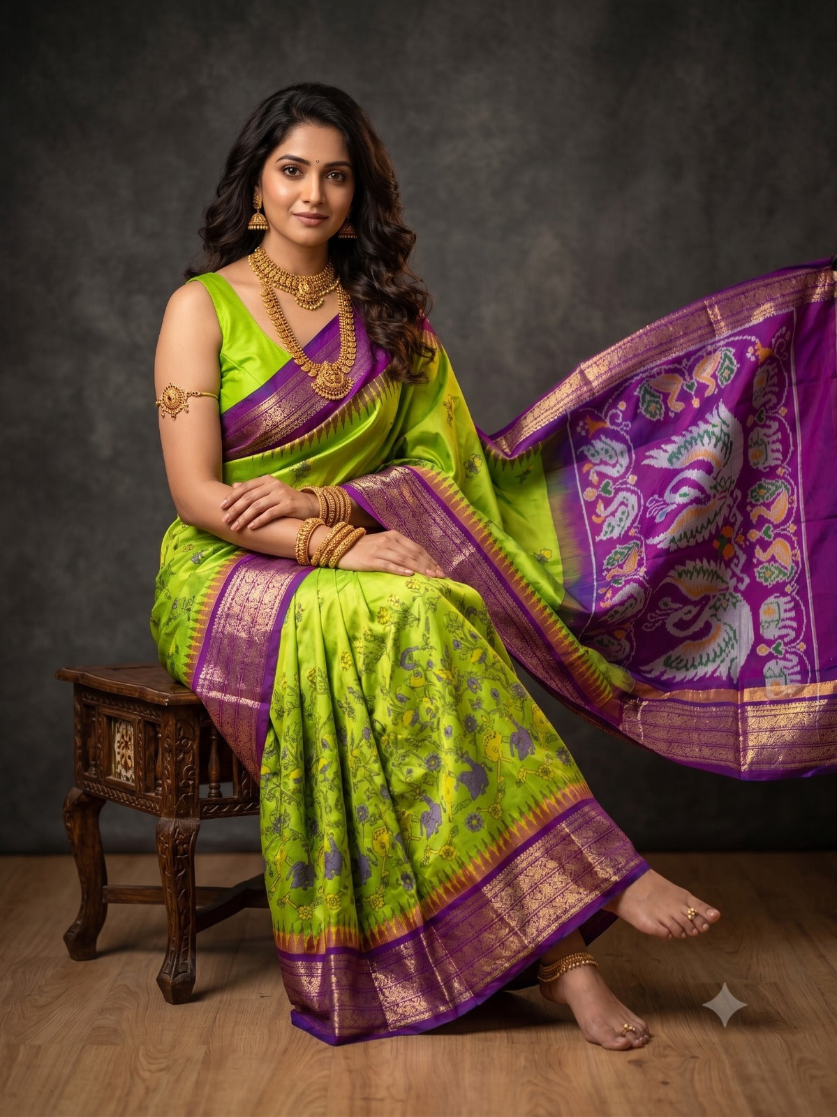 Ikkat Pochampally Handloom Pure Silk Digital Floral Printed Saree With Pallu & Designer Ikkat Blouse | Silk Mark Certified | DS102