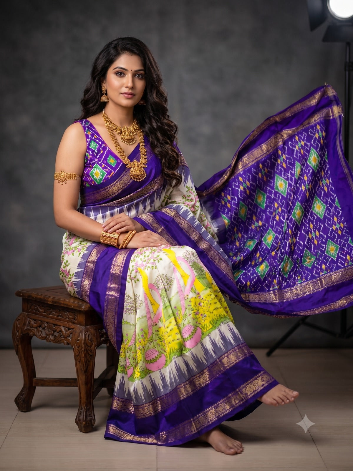 Ikkat Pochampally Handloom Pure Silk Digital Floral Printed Saree With Pallu & Designer Ikkat Blouse | Silk Mark Certified | DS109