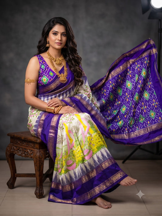 Ikkat Pochampally Handloom Pure Silk Digital Floral Printed Saree With Pallu & Designer Ikkat Blouse | Silk Mark Certified | DS109