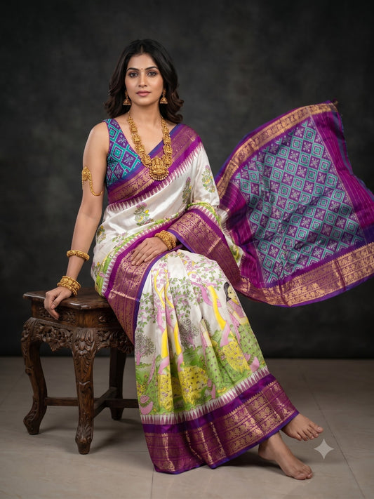 Ikkat Pochampally Handloom Pure Silk Digital Floral Printed Saree With Pallu & Designer Ikkat Blouse | Silk Mark Certified | DS112