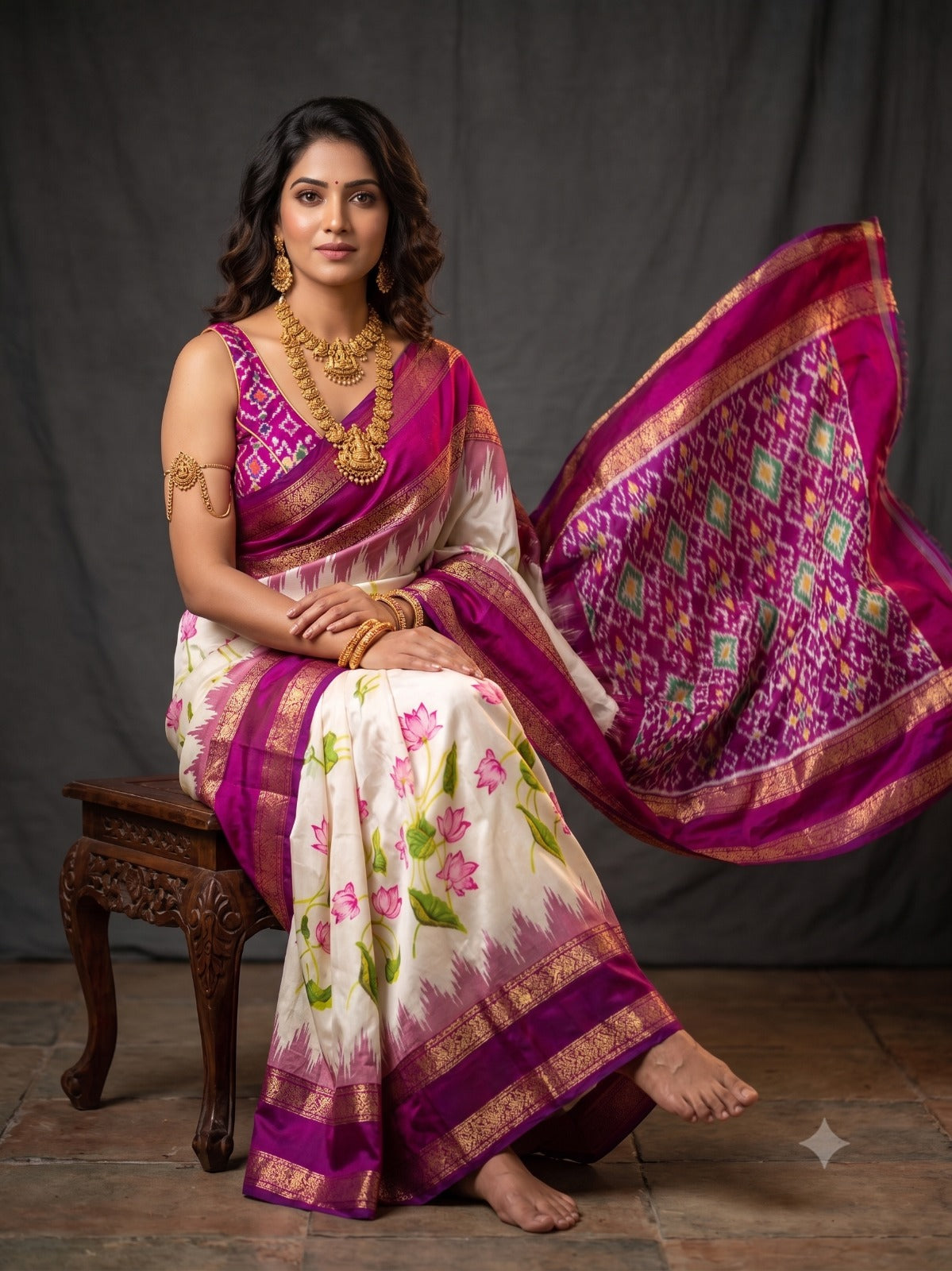 Ikkat Pochampally Handloom Pure Silk Digital Floral Printed Saree With Pallu & Designer Ikkat Blouse | Silk Mark Certified | DS108