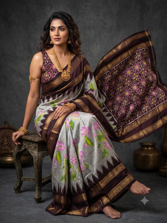 Ikkat Pochampally Handloom Pure Silk Digital Floral Printed Saree With Pallu & Designer Ikkat Blouse | Silk Mark Certified | DS98