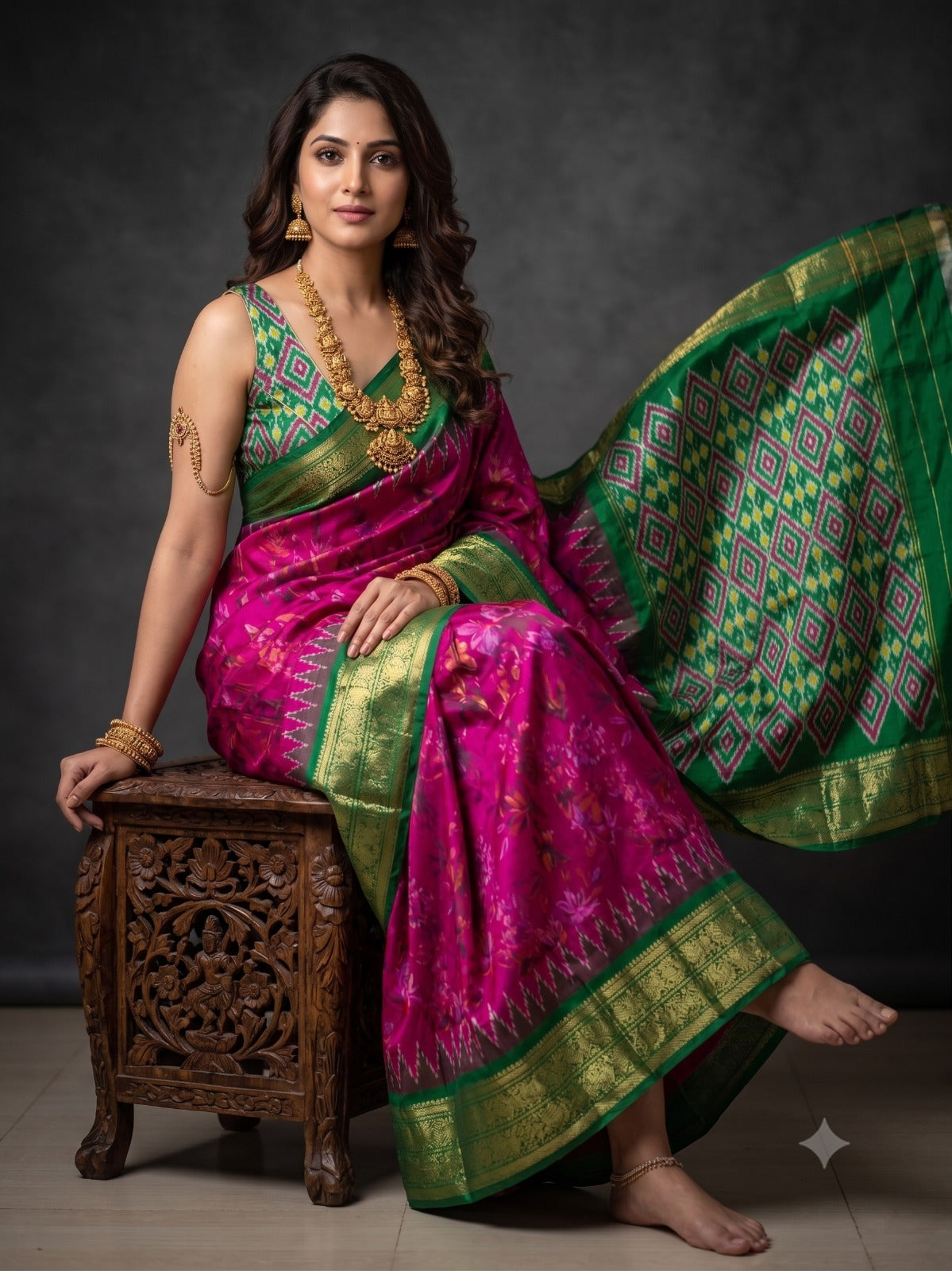 Ikkat Pochampally Handloom Pure Silk Digital Floral Printed Saree With Pallu & Designer Ikkat Blouse | Silk Mark Certified | DS104