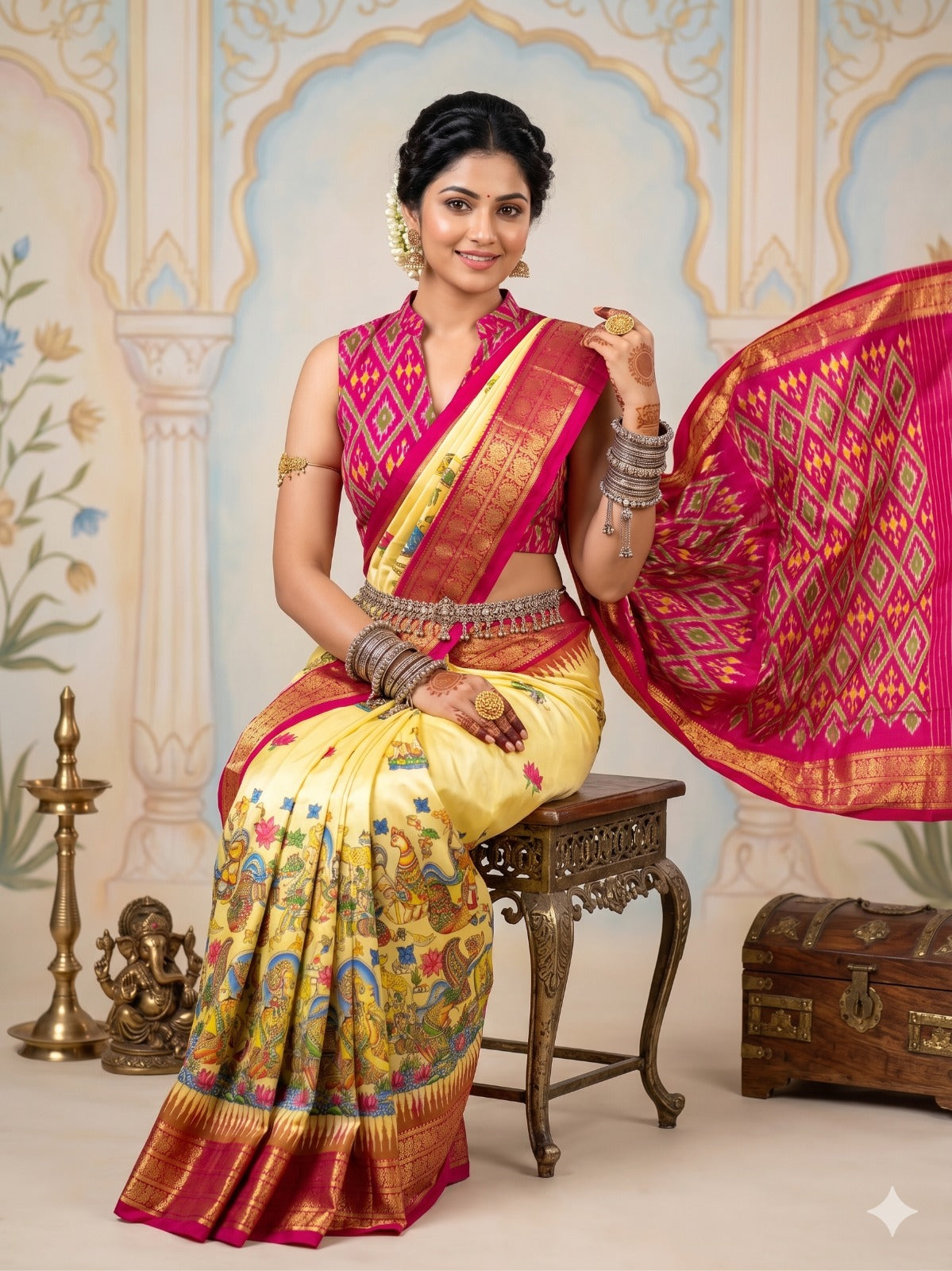 Ikkat Pochampally Handloom Pure Silk Digital Floral Printed Saree With Pallu & Designer Ikkat Blouse | Silk Mark Certified | DS93