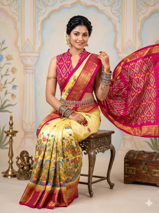 Ikkat Pochampally Handloom Pure Silk Digital Floral Printed Saree With Pallu & Designer Ikkat Blouse | Silk Mark Certified | DS93