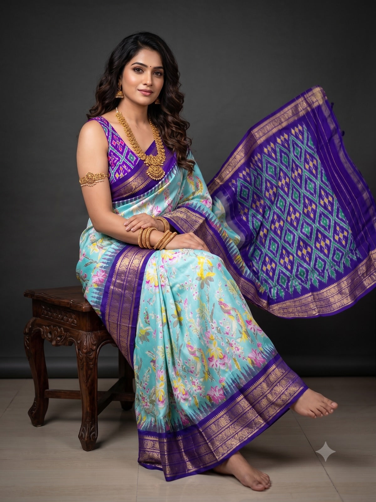 Ikkat Pochampally Handloom Pure Silk Digital Floral Printed Saree With Pallu & Designer Ikkat Blouse | Silk Mark Certified | DS97