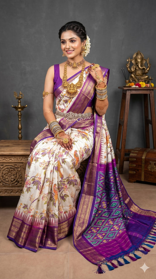 Ikkat Pochampally Handloom Pure Silk Digital Floral Printed Saree With Pallu & Designer Ikkat Blouse | Silk Mark Certified | DS96