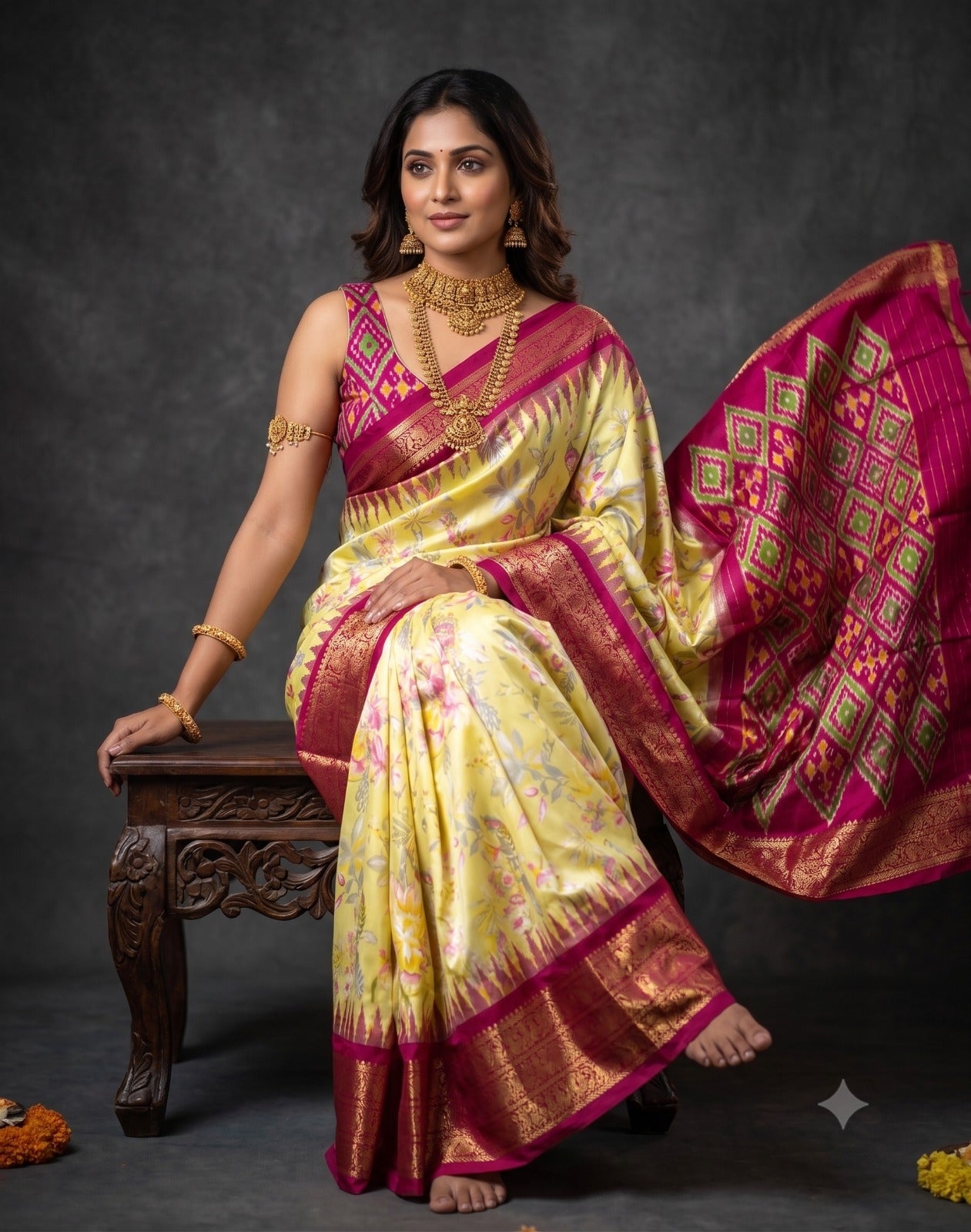 Ikkat Pochampally Handloom Pure Silk Digital Floral Printed Saree With Pallu & Designer Ikkat Blouse | Silk Mark Certified | DS94
