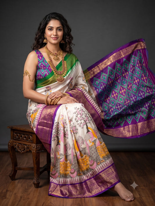 Ikkat Pochampally Handloom Pure Silk Digital Floral Printed Saree With Pallu & Designer Ikkat Blouse | Silk Mark Certified | DS89