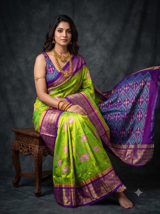 Ikkat Pochampally Handloom Pure Silk Digital Floral Printed Saree With Pallu & Designer Ikkat Blouse | Silk Mark Certified | DS90