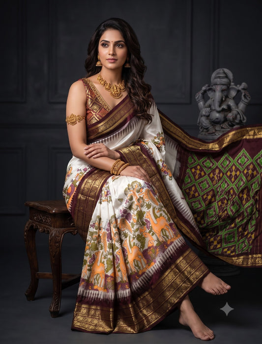 Ikkat Pochampally Handloom Pure Silk Digital Floral Printed Saree With Pallu & Designer Ikkat Blouse | Silk Mark Certified | DS95