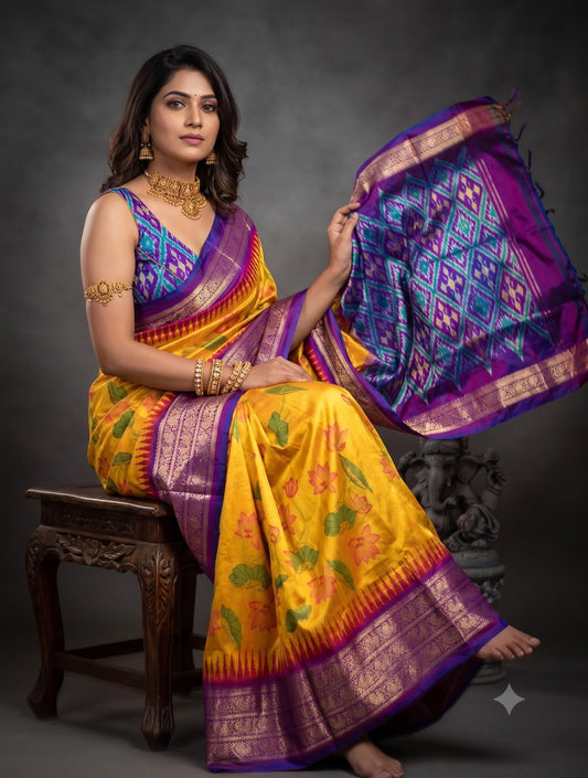 Ikkat Pochampally Handloom Pure Silk Digital Floral Printed Saree With Pallu & Designer Ikkat Blouse | Silk Mark Certified | DS88