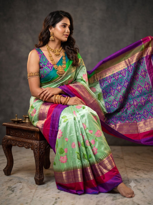Ikkat Pochampally Handloom Pure Silk Digital Floral Printed Saree With Pallu & Designer Ikkat Blouse | Silk Mark Certified | DS87
