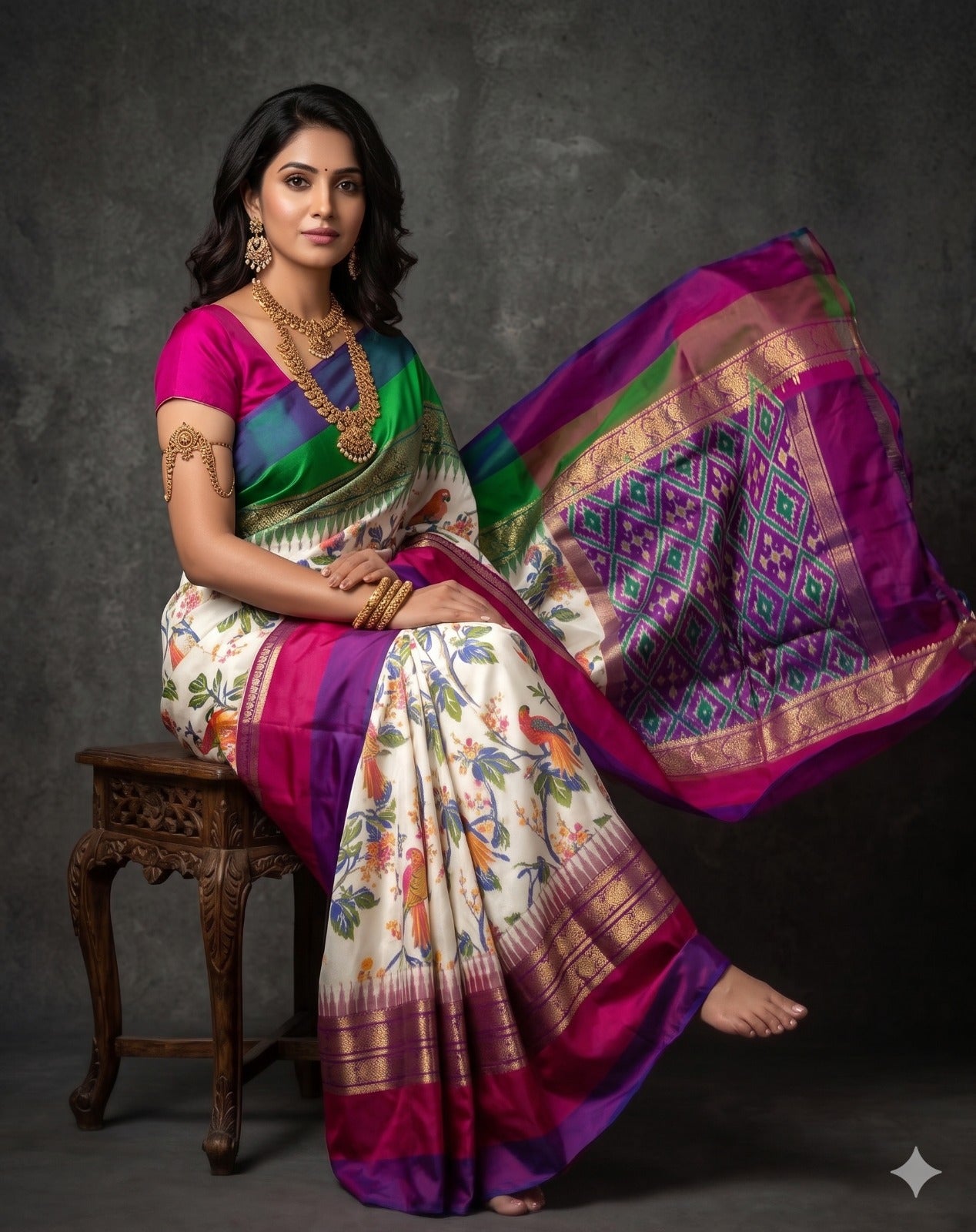 Ikkat Pochampally Handloom Pure Silk Digital Floral Printed Saree With Pallu & Designer Ikkat Blouse | Silk Mark Certified | DS85