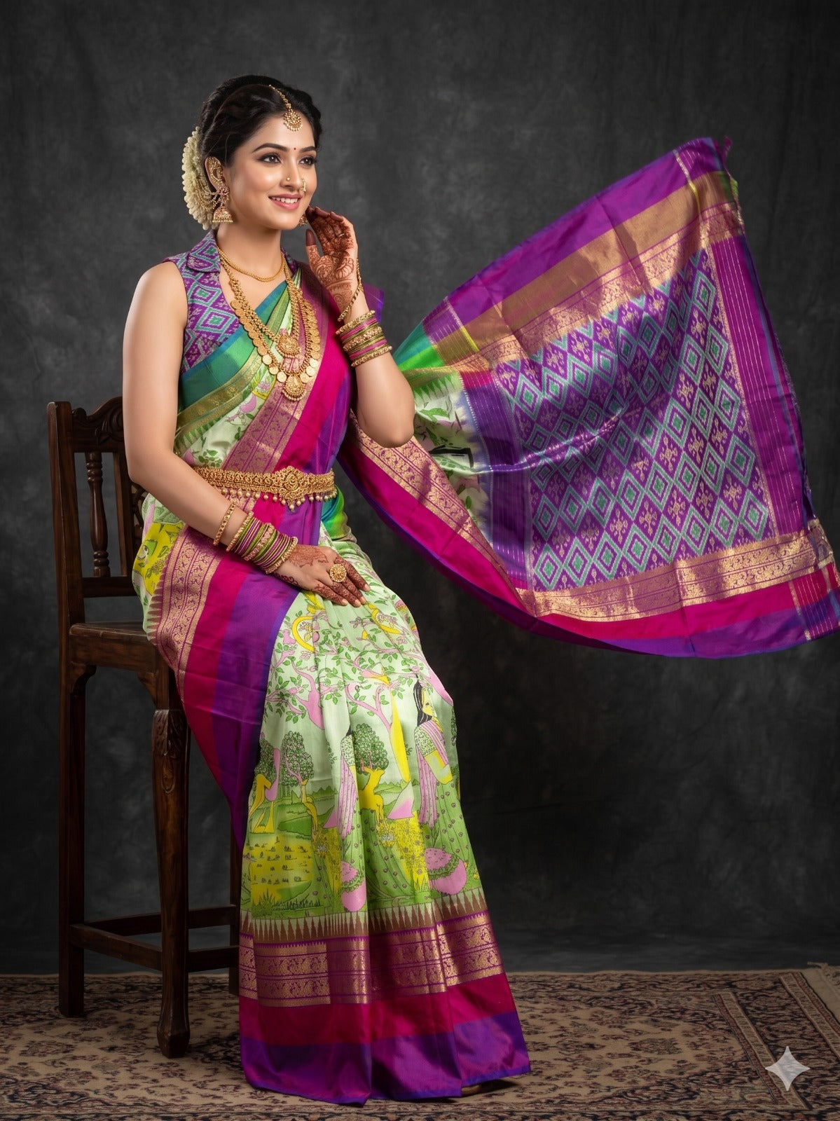 Ikkat Pochampally Handloom Pure Silk Digital Floral Printed Saree With Pallu & Designer Ikkat Blouse | Silk Mark Certified | DS1