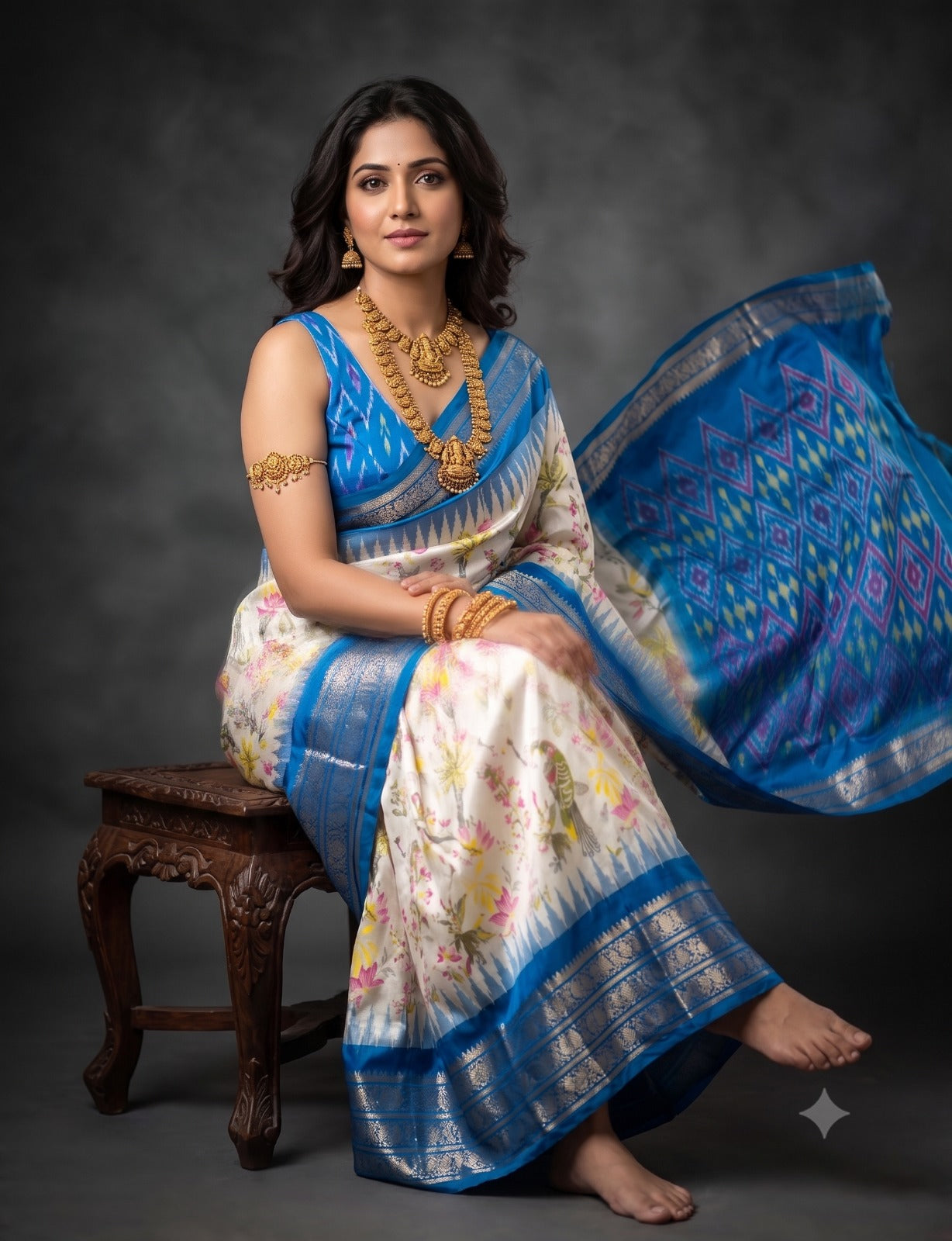 Ikkat Pochampally Handloom Pure Silk Digital Floral Printed Saree With Pallu & Designer Ikkat Blouse | Silk Mark Certified | DS2