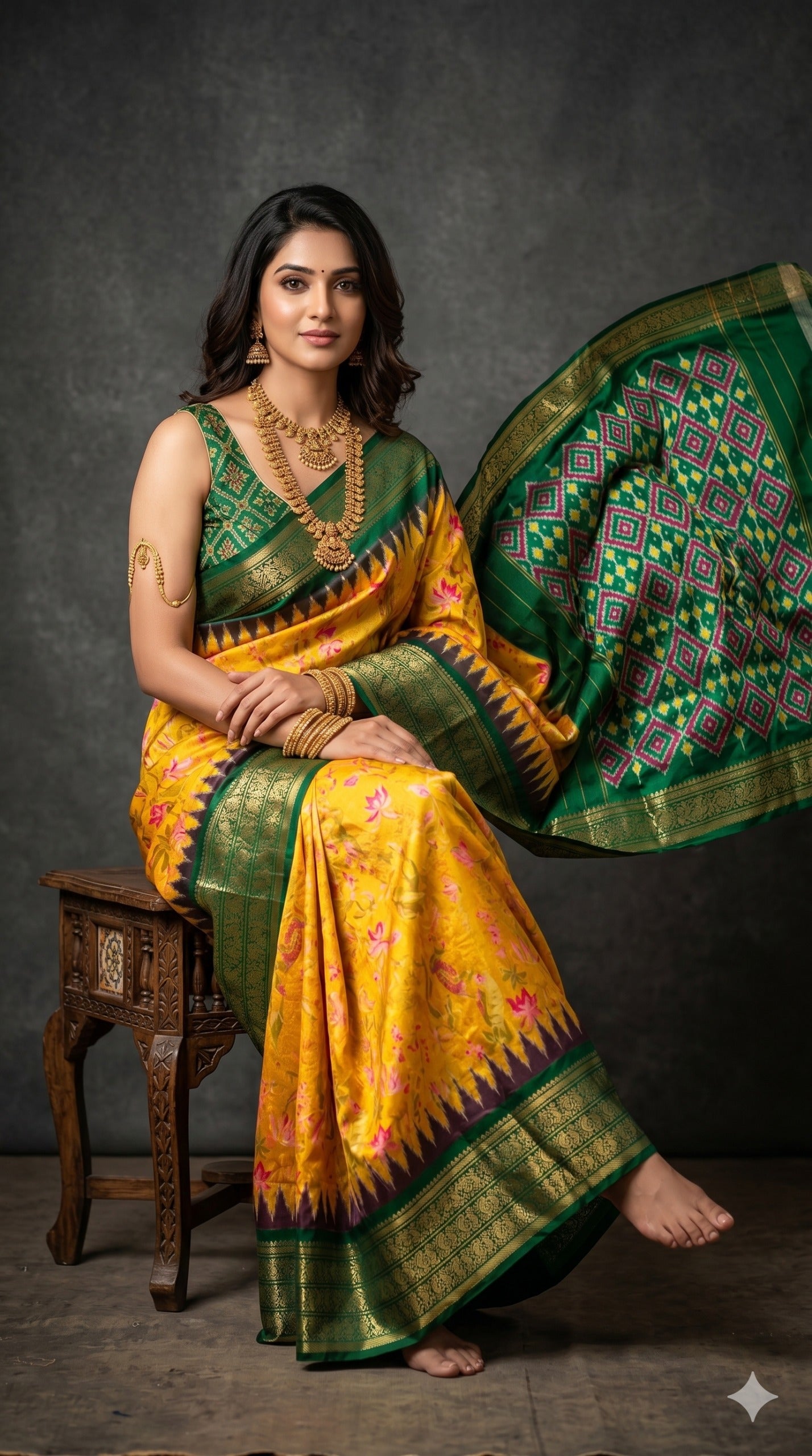 Ikkat Pochampally Handloom Pure Silk Digital Floral Printed Saree With Pallu & Designer Ikkat Blouse | Silk Mark Certified | DS233