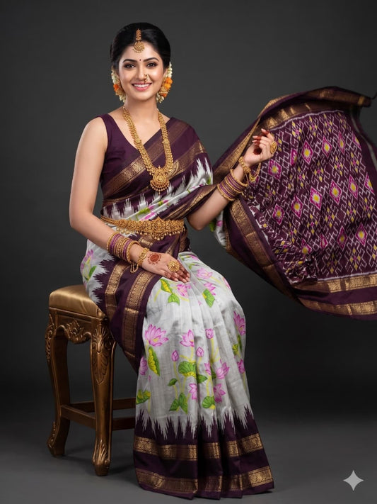 Ikkat Pochampally Handloom Pure Silk Digital Floral Printed Saree With Pallu & Designer Ikkat Blouse | Silk Mark Certified | DS14