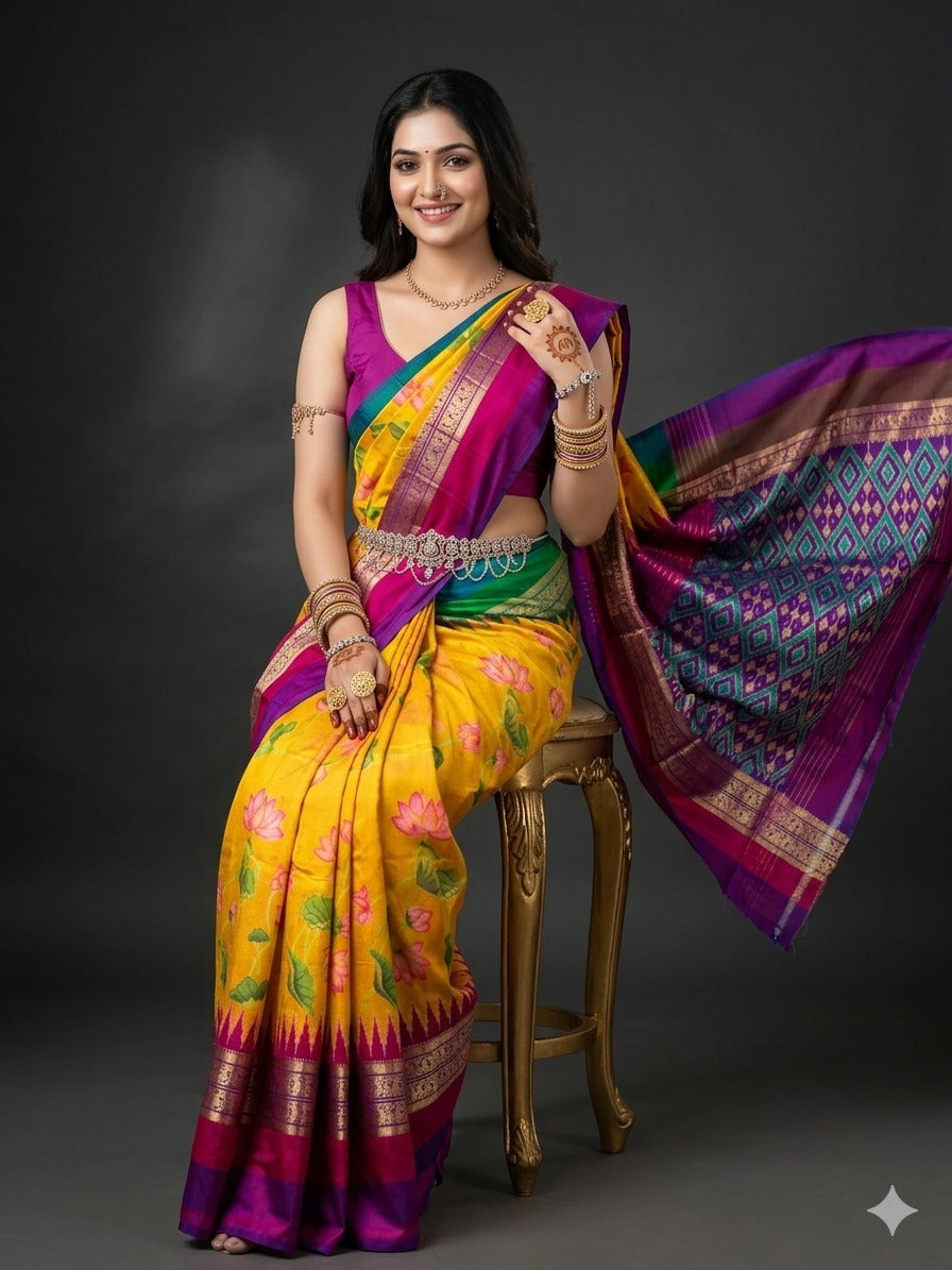Ikkat Pochampally Handloom Pure Silk Digital Floral Printed Saree With Pallu & Designer Ikkat Blouse | Silk Mark Certified | DS4