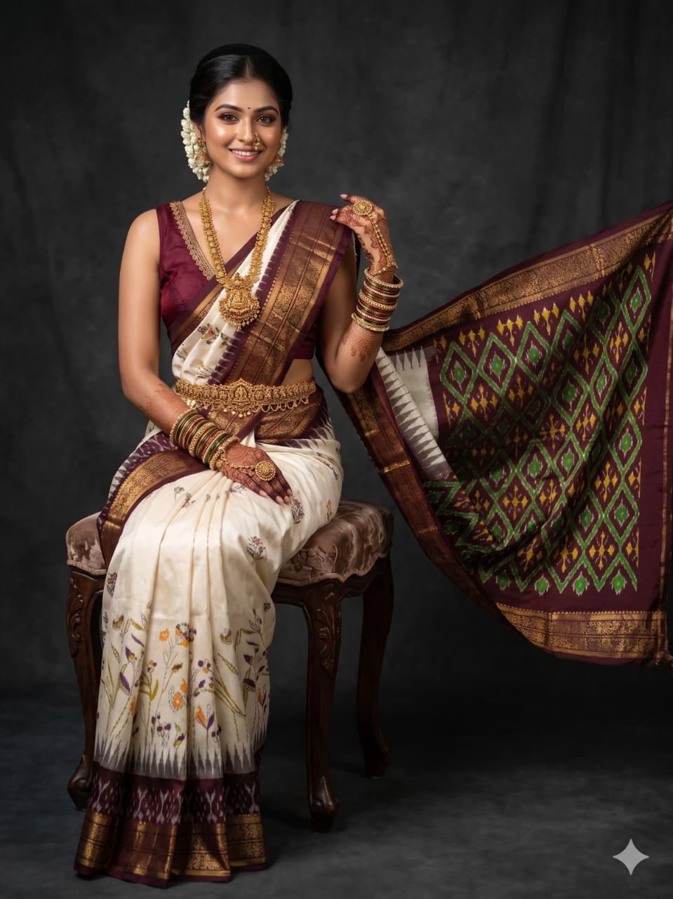 Ikkat Pochampally Handloom Pure Silk Digital Floral Printed Saree With Pallu & Designer Ikkat Blouse | Silk Mark Certified | DS13