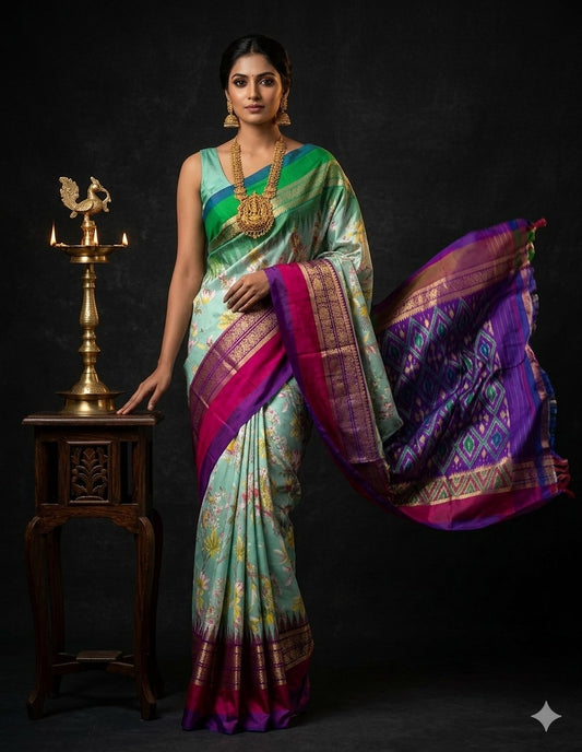 Ikkat Pochampally Handloom Pure Silk Digital Floral Printed Saree With Pallu & Designer Ikkat Blouse | Silk Mark Certified | DS6