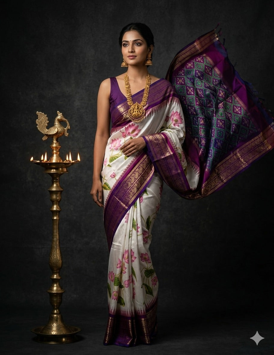 Ikkat Pochampally Handloom Pure Silk Digital Floral Printed Saree With Pallu & Designer Ikkat Blouse | Silk Mark Certified | DS9