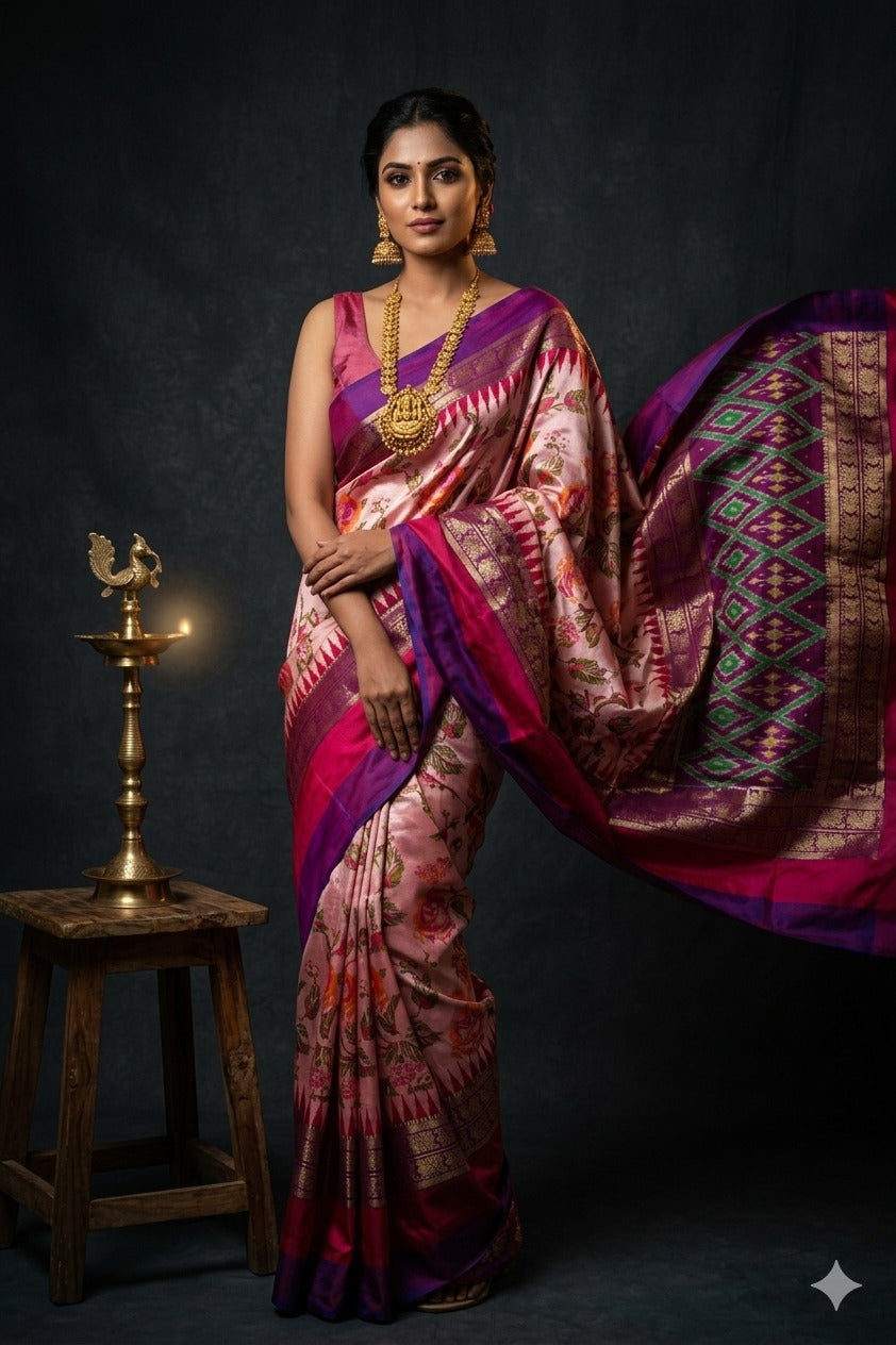 Ikkat Pochampally Handloom Pure Silk Digital Floral Printed Saree With Pallu & Designer Ikkat Blouse | Silk Mark Certified | DS8