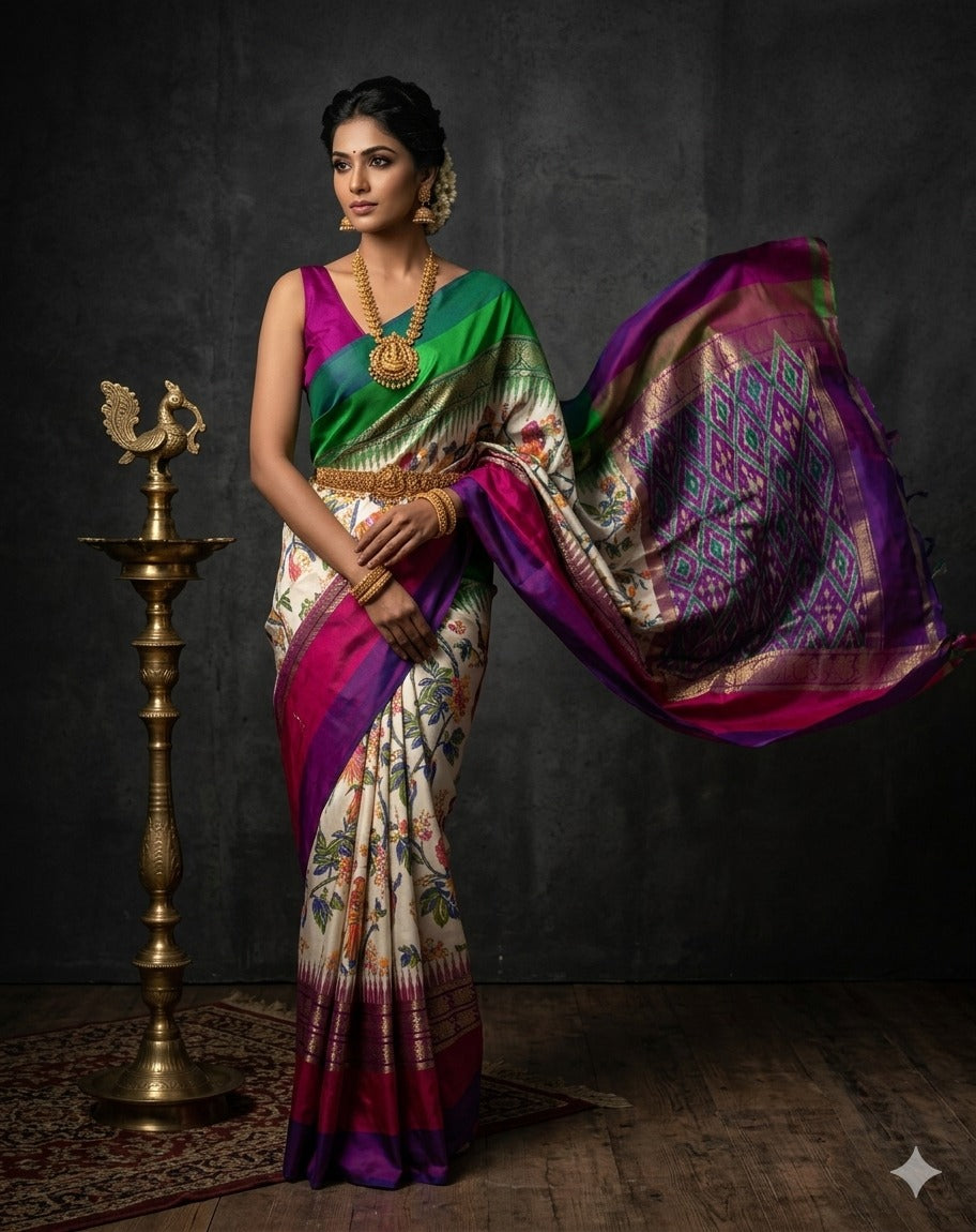 Ikkat Pochampally Handloom Pure Silk Digital Floral Printed Saree With Pallu & Designer Ikkat Blouse | Silk Mark Certified | DS7