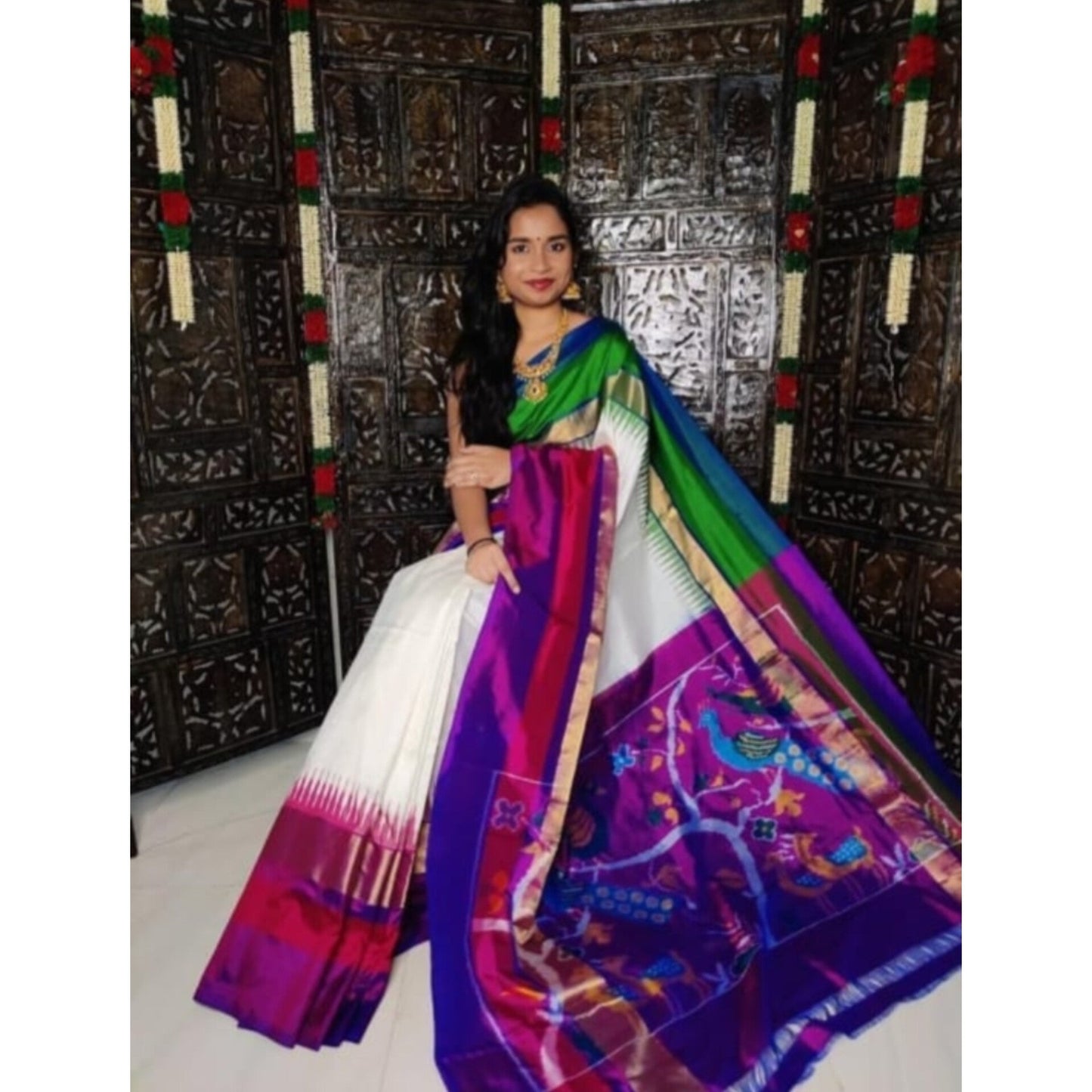 Ikkat Pochampally Handloom Pure Silk Saree with Blouse | Double Warp | Silk Mark Certified