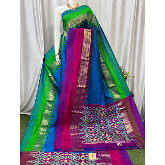 Ikkat Pochampally Handloom Pure Silk Saree with Kanchi Border – Ikat Pallu & Blouse | Double Warp | Silk Mark Certified