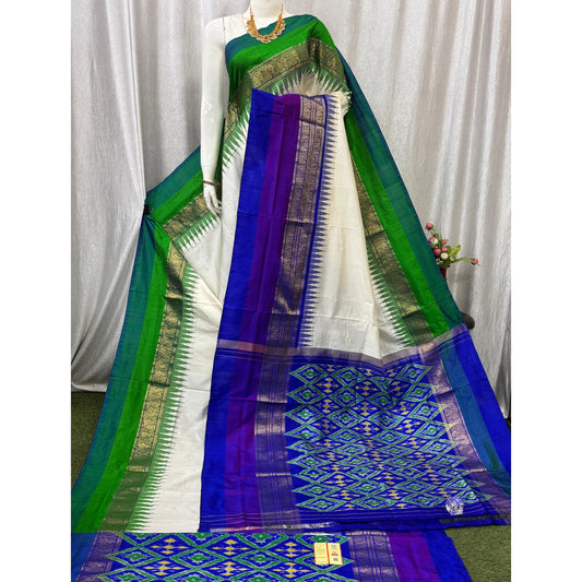 Ikkat Pochampally Handloom Pure Silk Saree with Kanchi Border – Ikat Pallu & Blouse | Double Warp | Silk Mark Certified