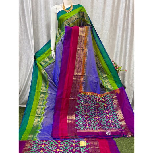 Ikkat Pochampally Handloom Pure Silk Saree with Kanchi Border – Ikat Pallu & Blouse | Double Warp | Silk Mark Certified