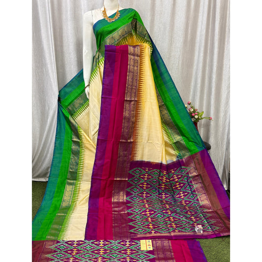 Ikkat Pochampally Handloom Pure Silk Saree with Kanchi Border – Ikat Pallu & Blouse | Double Warp | Silk Mark Certified