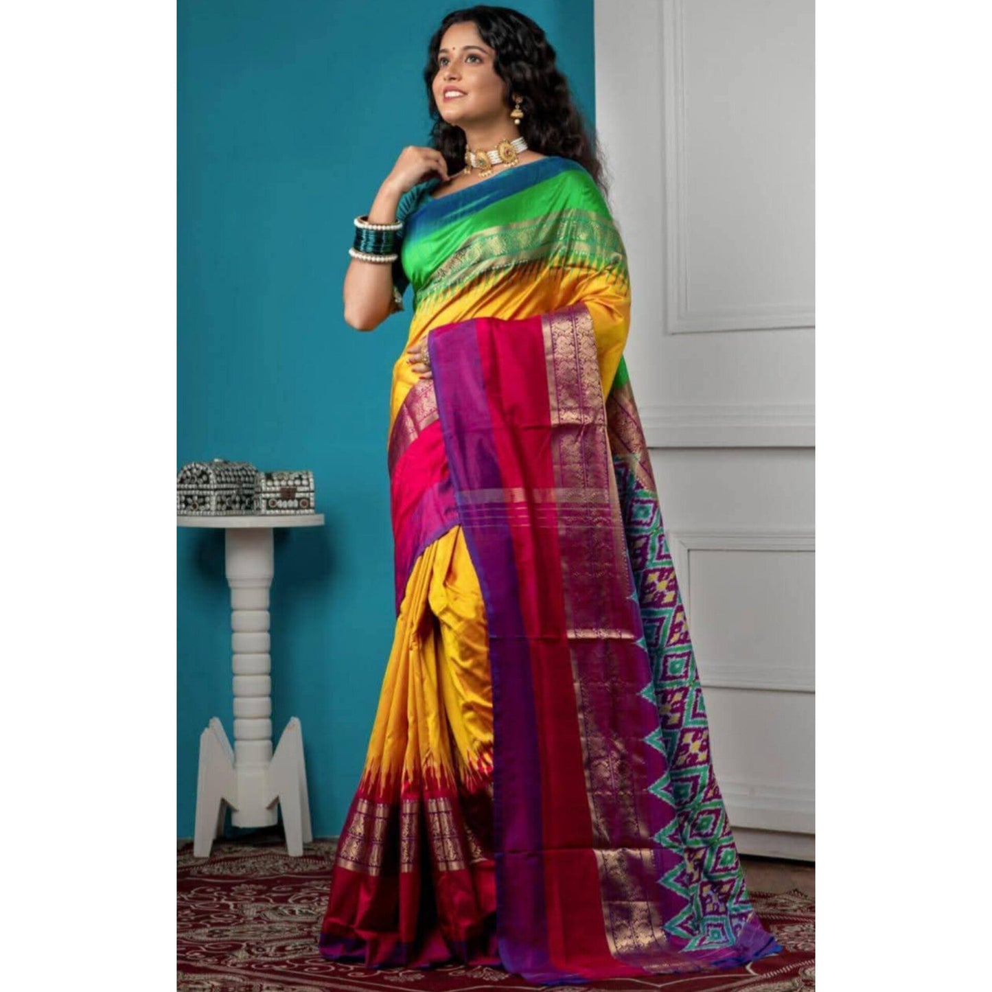 Ikkat Pochampally Handloom Pure Silk Saree with Kanchi Border – Ikat Pallu & Blouse | Double Warp | Silk Mark Certified