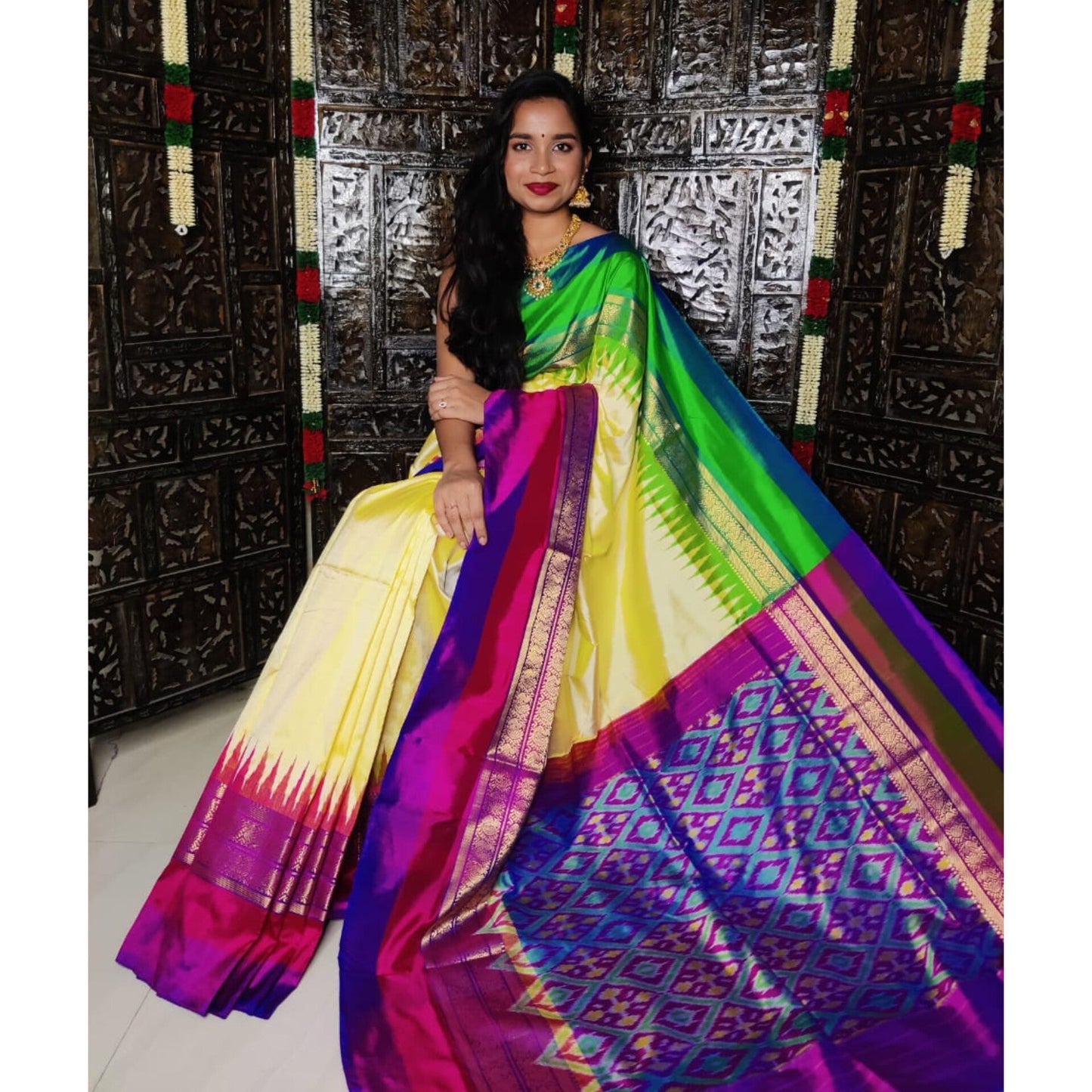 Ikkat Pochampally Handloom Pure Silk Saree with Kanchi Border – Ikat Pallu & Blouse | Double Warp | Silk Mark Certified