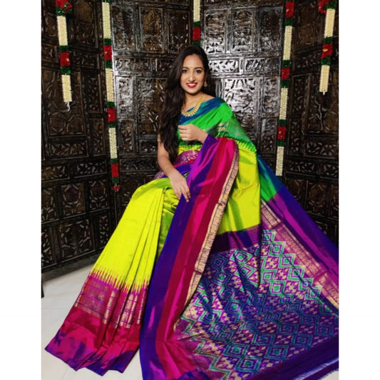 Ikkat Pochampally Handloom Pure Silk Saree with Kanchi Border – Ikat Pallu & Blouse | Double Warp | Silk Mark Certified