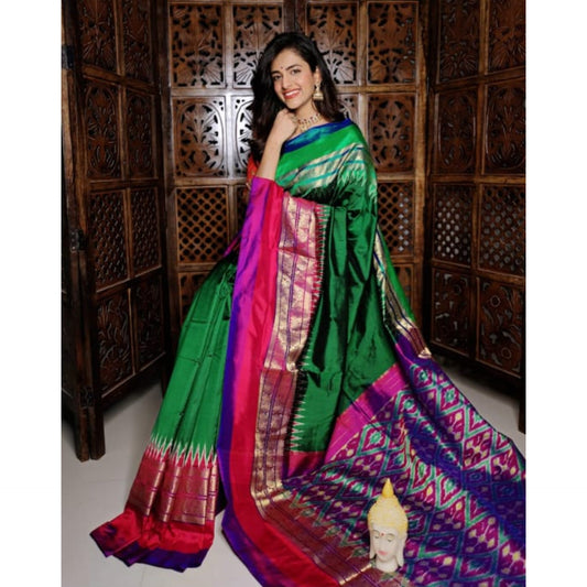 Ikkat Pochampally Handloom Pure Silk Saree with Kanchi Border – Ikat Pallu & Blouse | Double Warp | Silk Mark Certified