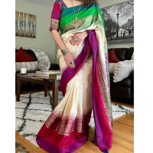 Ikkat Pochampally Handloom Pure Silk Saree with Kanchi Border – Ikat Pallu & Blouse | Double Warp | Silk Mark Certified