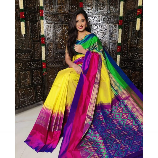 Ikkat Pochampally Handloom Pure Silk Saree with Kanchi Border – Ikat Pallu & Blouse | Double Warp | Silk Mark Certified