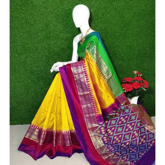 Ikkat Pochampally Handloom Pure Silk Saree with Kanchi Border – Ikat Pallu & Blouse | Double Warp | Silk Mark Certified