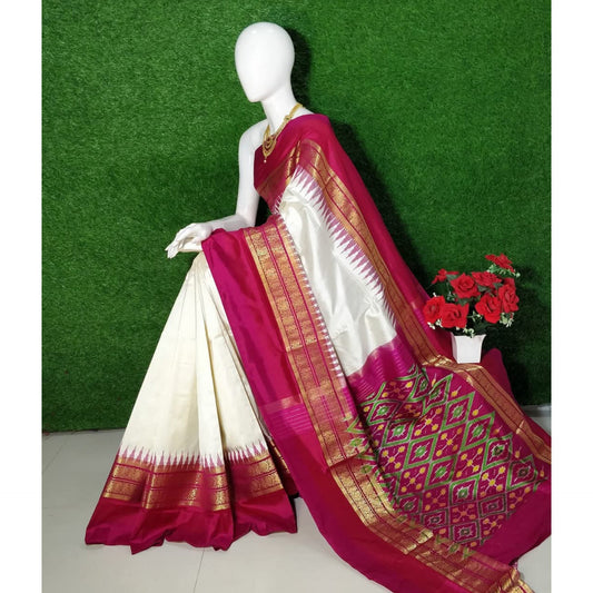 Ikkat Pochampally Handloom Pure Silk Saree with Kanchi Border – Ikat Pallu & Blouse | Double Warp | Silk Mark Certified