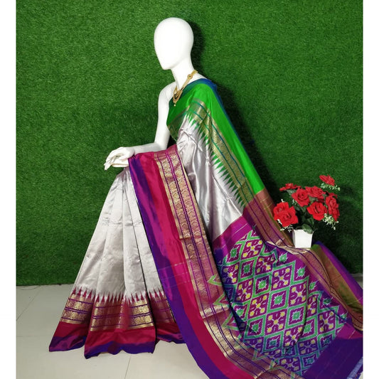 Ikkat Pochampally Handloom Pure Silk Saree with Kanchi Border – Ikat Pallu & Blouse | Double Warp | Silk Mark Certified