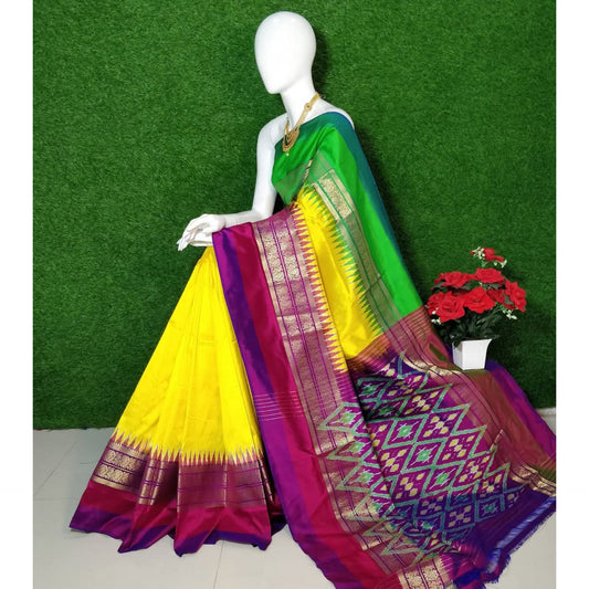 Ikkat Pochampally Handloom Pure Silk Saree with Kanchi Border – Ikat Pallu & Blouse | Double Warp | Silk Mark Certified