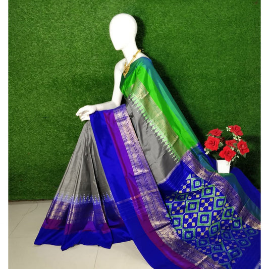 Ikkat Pochampally Handloom Pure Silk Saree with Kanchi Border – Ikat Pallu & Blouse | Double Warp | Silk Mark Certified