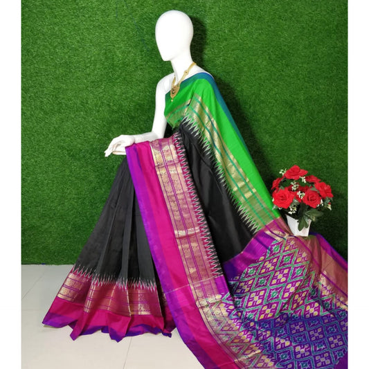 Ikkat Pochampally Handloom Pure Silk Saree with Kanchi Border – Ikat Pallu & Blouse | Double Warp | Silk Mark Certified