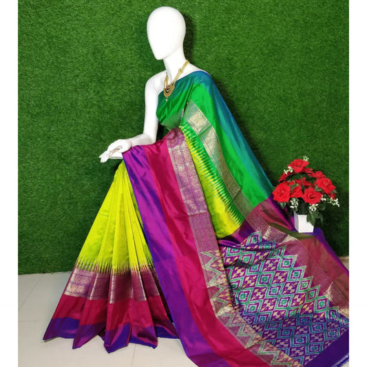 Ikkat Pochampally Handloom Pure Silk Saree with Kanchi Border – Ikat Pallu & Blouse | Double Warp | Silk Mark Certified