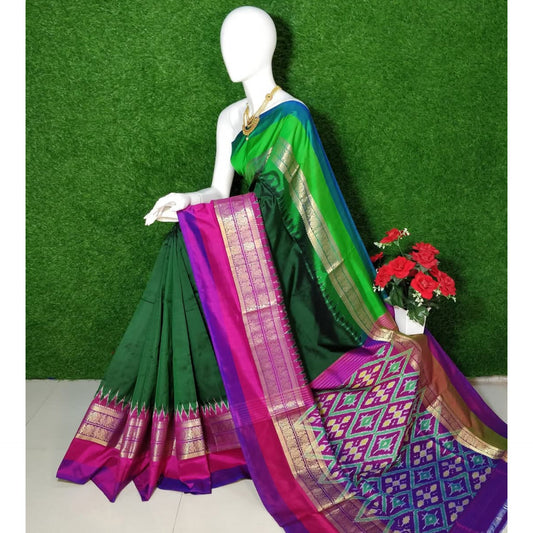 Ikkat Pochampally Handloom Pure Silk Saree with Kanchi Border – Ikat Pallu & Blouse | Double Warp | Silk Mark Certified