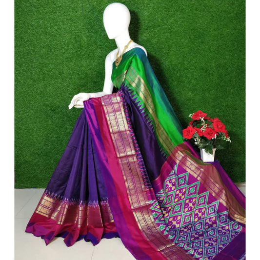 Ikkat Pochampally Handloom Pure Silk Saree with Kanchi Border – Ikat Pallu & Blouse | Double Warp | Silk Mark Certified
