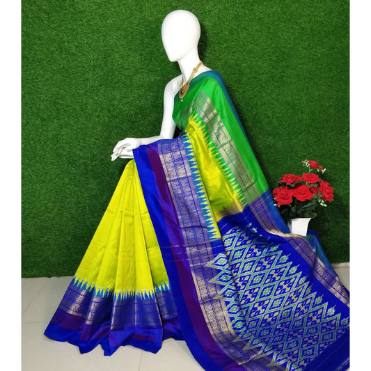 Ikkat Pochampally Handloom Pure Silk Saree with Kanchi Border – Ikat Pallu & Blouse | Double Warp | Silk Mark Certified