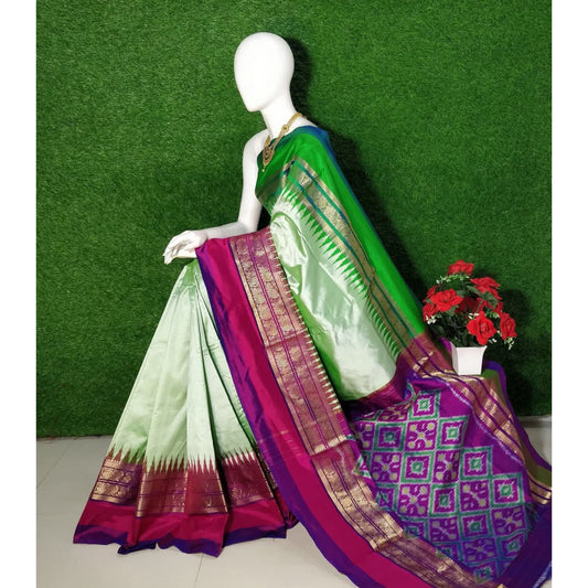 Ikkat Pochampally Handloom Pure Silk Saree with Kanchi Border – Ikat Pallu & Blouse | Double Warp | Silk Mark Certified